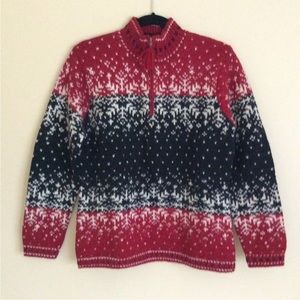 Lauren Ralph Lauren Hand Knit Red Black & White 1/4 Zip Wool Blend Sweater  S